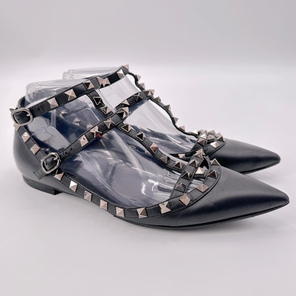 Valentino Garavani Shoes - Valentino Garavani Noir Black Rockstud Cage Strappy Flats Size 39 FLAW